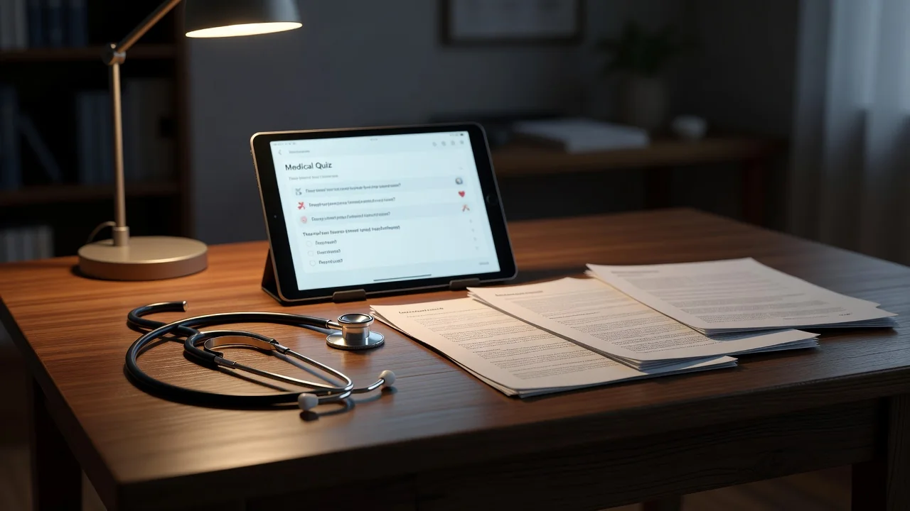 A study desk with a question bank on a tablet, guideline printouts, and a stethoscope