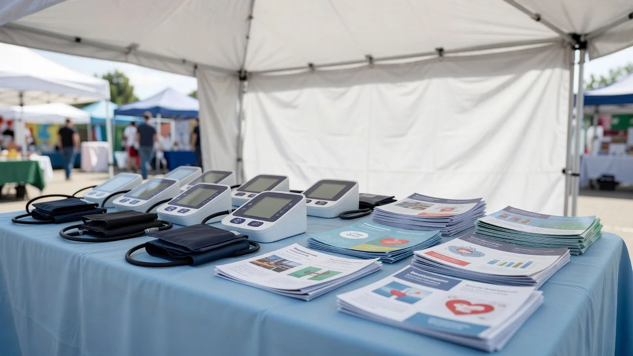 Tables with health screening materials and blood pressure cuffs at a community health fair