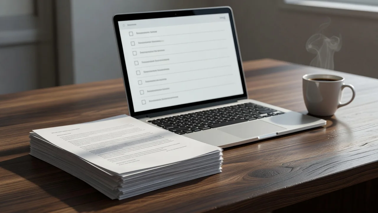 A laptop with an application checklist beside printed letters and a coffee cup