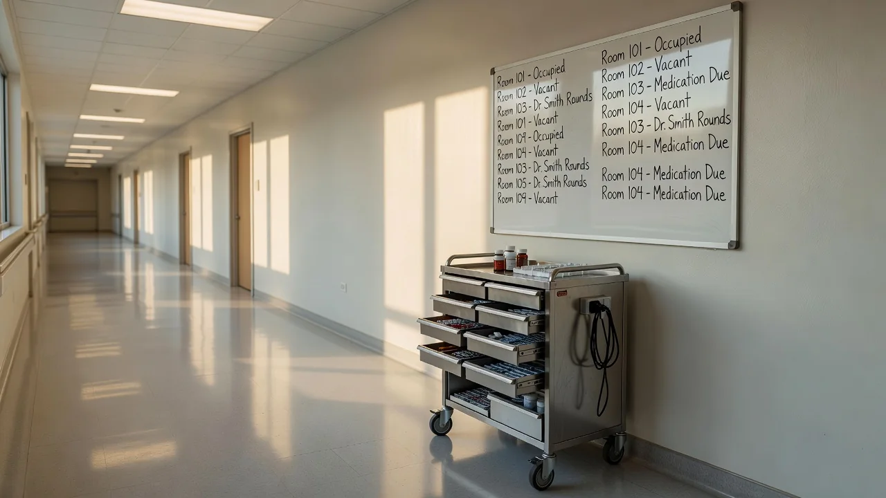 A hospital corridor with a whiteboard of patient rooms and a medication cart