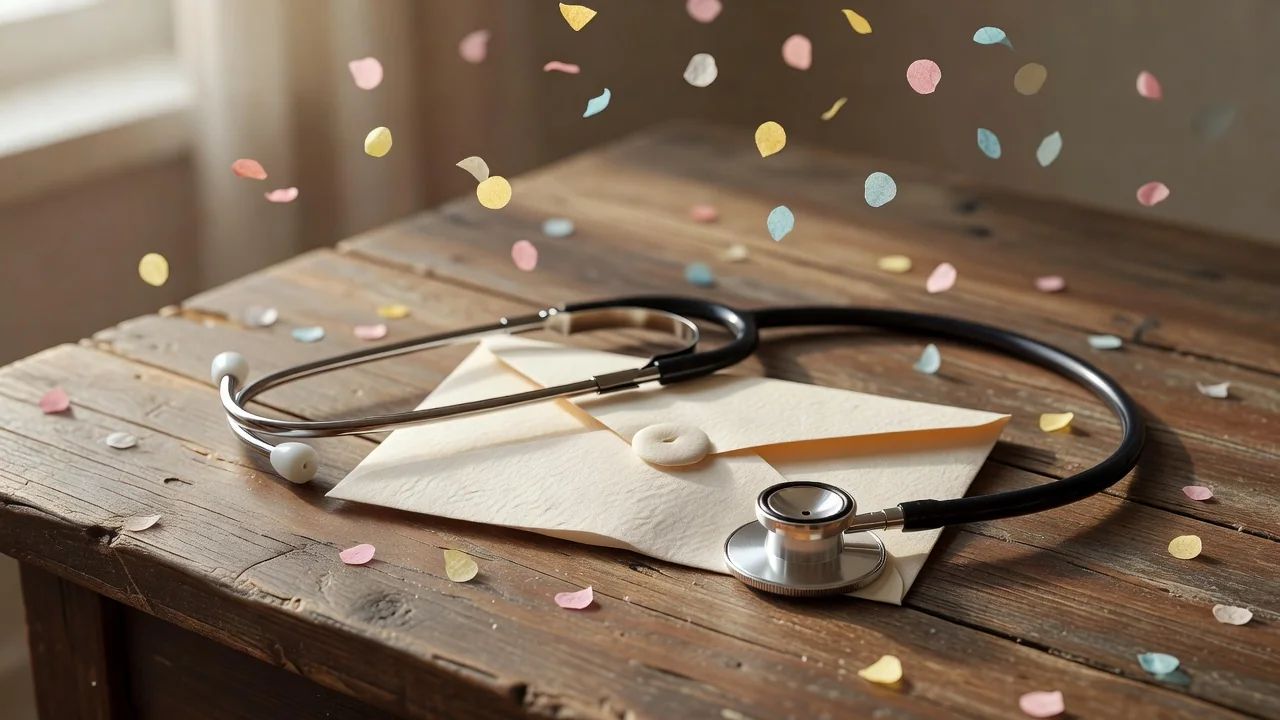 A sealed envelope and stethoscope on a table during Match Day celebration