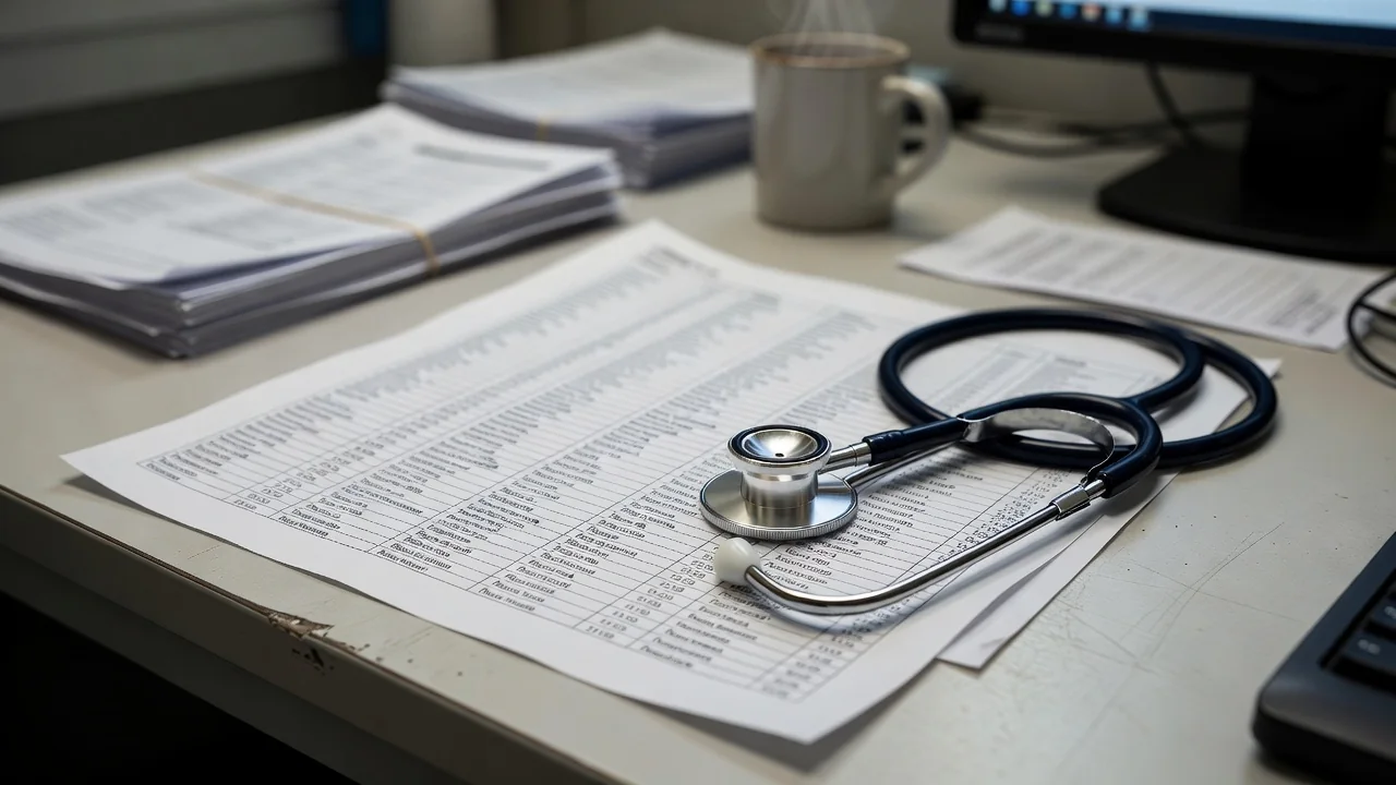 A printed rotation schedule and stethoscope on a desk in a resident workroom